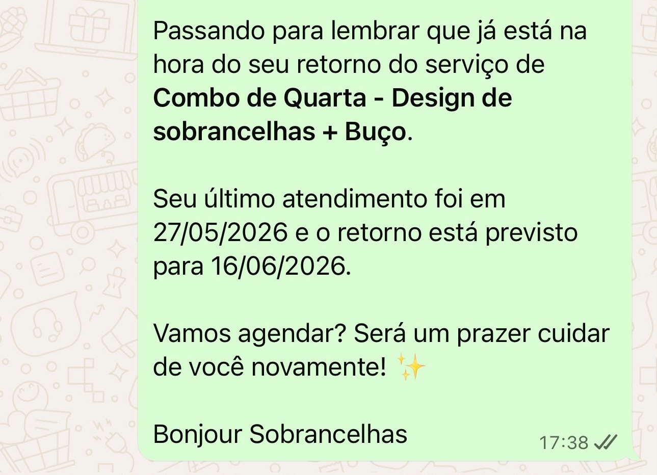 Exemplo de mensagem automática de retorno enviada pelo WhatsApp